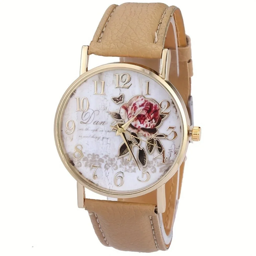 Vintage-Inspired Rose Floral Dial Tan Strap Gold-Tone Quartz Watch